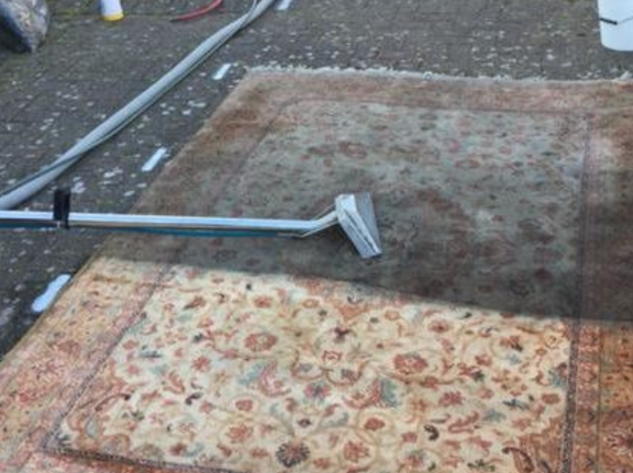 This is a photo of a floral rug that is being steam cleaned. The bottom half has been completed and the top half is being done works carried out by Chigwell Carpet Cleaning